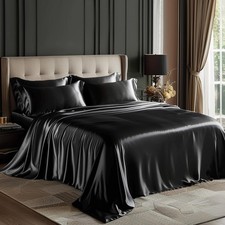 Satin Sheet Set Full Size 4 Piece Black Deep Pocket Silky Bedding Loves cabin