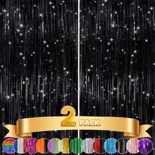 2Pack Black Metallic Tinsel Foil Fringe Curtains, Black Foil Curtain Backdrop...