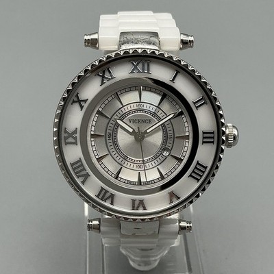 Vicence Womens Watch 38mm Ceramic Bracelet Date Sterling Silver New Battery 6.5\