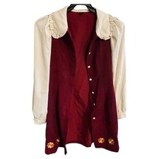 Red Corduroy A-Line Dress Collared Button Long Puff Sleeve Ruffle Embroidered