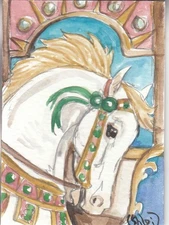 ACEO original Watercolor Art Card HORSE FANTASY gold mane Carousel Steed emerald