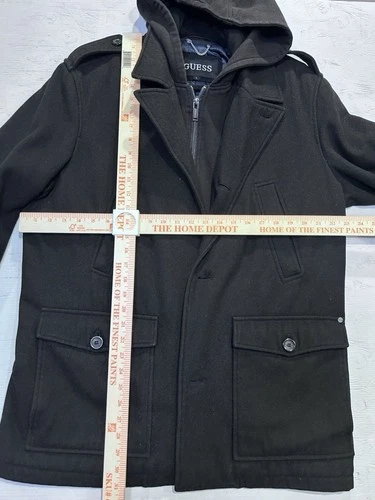 GUESS Men’s Black Hooded Wool Blend Peacoat Jacket Coat large - product listing photo