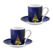Christmas 2 Mug & 2 Saucer Set New China Blue Gold Coffee Tea Cup Festive Gift