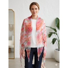 Floral Sheer Scarf Scallop Hem Watercolor Style Rose Print Light Weight Print