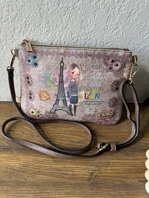 LANY Women's Brown Paris Eiffel Tower Floral Crossbody Bag Zip Adjustable Strap