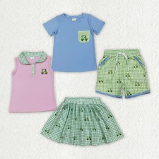 Sibling Baby Boys Girls Embroidery Golf Trucks Top Green Shirt Shorts Set