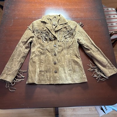 Vtg 80s Esprit Tan Suede Leather Button Western Fringe Jacket Women s S Excellen