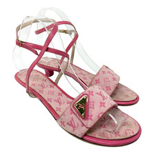 LOUIS VUITTON Vintage LV Logo Monogram Mule Sandals 37 Pink Gold Canvas