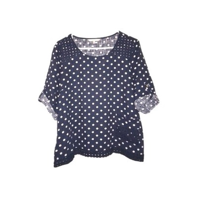 Noni B Roll Tab Sleeve Linen Blend Blue White Polka Dot Top  Sz 12 VGC