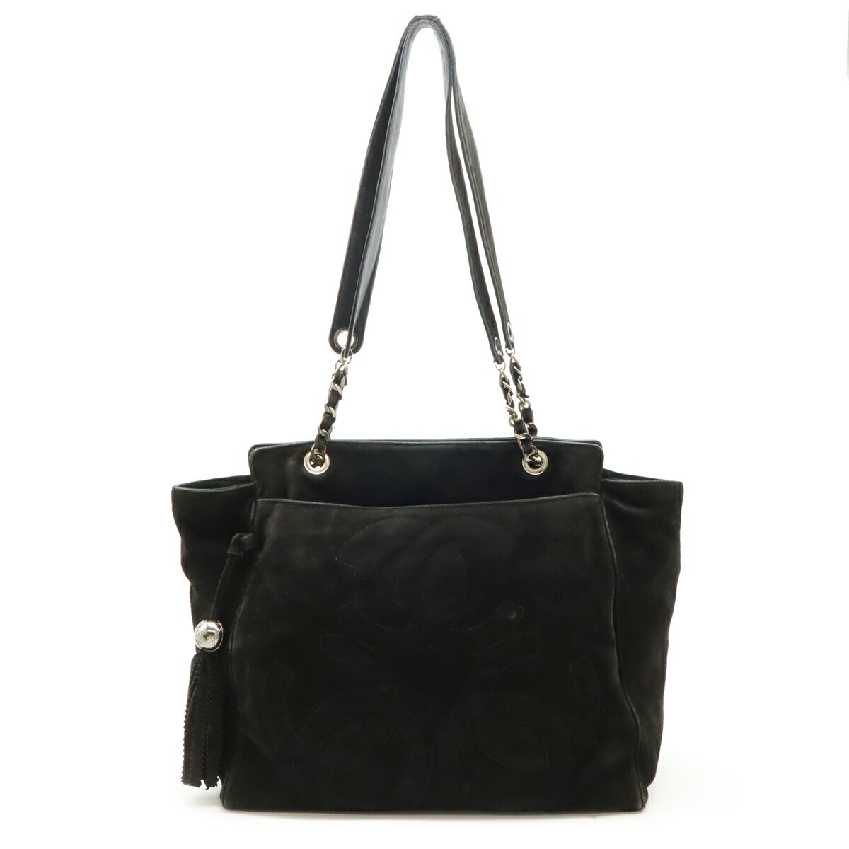 CHANEL Triple Coco Ball Mark Tote Bag Black Suede with Fringe Tassel Silver Accents