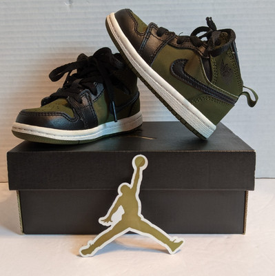Nike Jordan 1 Mid (TD) 640735-301 Size 6C Olive With Box & Jumpman Sticker