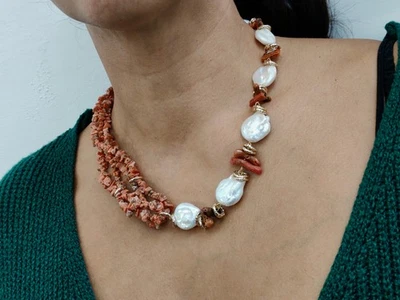 Collier Femme Corail Naturel Collier Vraies Perles Baroques Fait En Italie - Photo 1/4