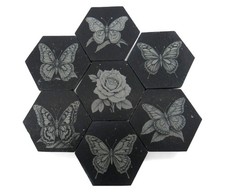 Hexagonal Butterfly Tiles Set of 7 Engraved Butterflies and Flower 3" Tile