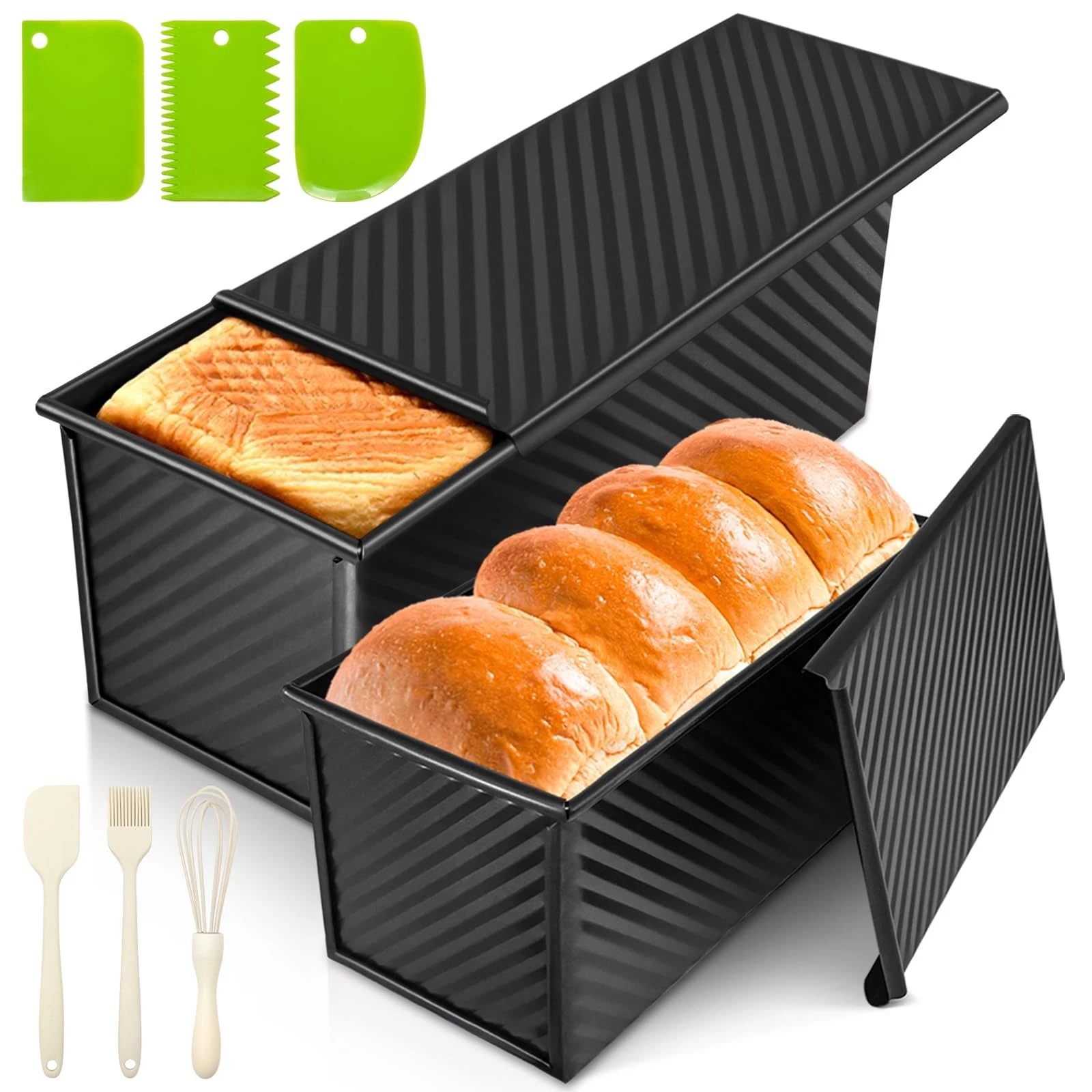 2Pack Bread Pan with Lids – 2.2 LB & 1 LB Dough Capacity, Non-Stick Carbon St...