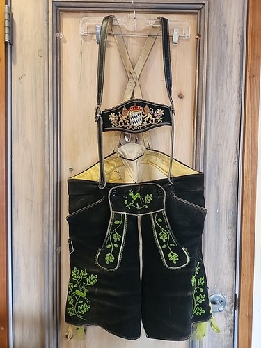 Vintage German Lederhosen Embroidered Leather Shorts w/ Suspenders