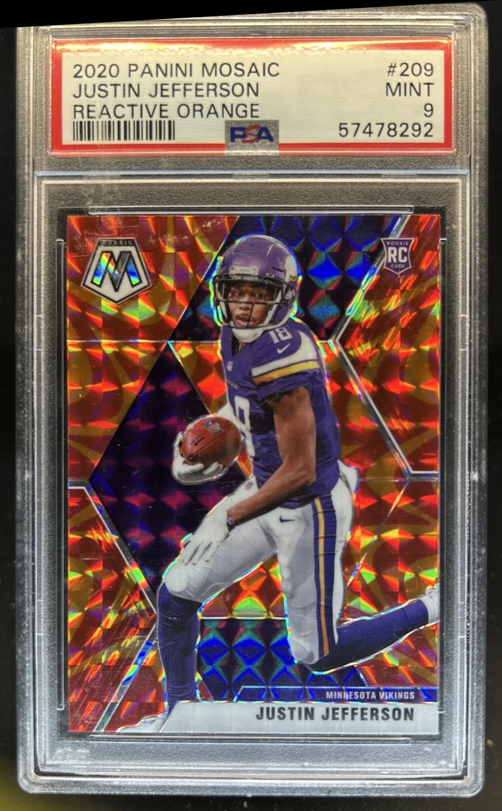 2020 Panini Mosaic Justin Jefferson RC Prizm Reactive Orange #209 Vikings PSA 9 view 1