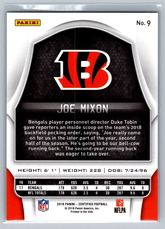 2018 Panini Certified #9 Joe Mixon Mirror Red #/99 - Image 2 of 2