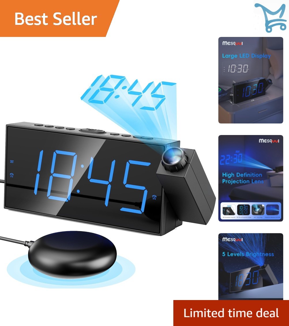 Projection Alarm Clock Vibrating Loud Alarm for Heavy Sleepe