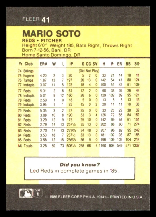 Mario Soto 1986 Fleer Classic Miniatures #41 Reds MLB READ FREE SHIPPING - Image 2 of 2