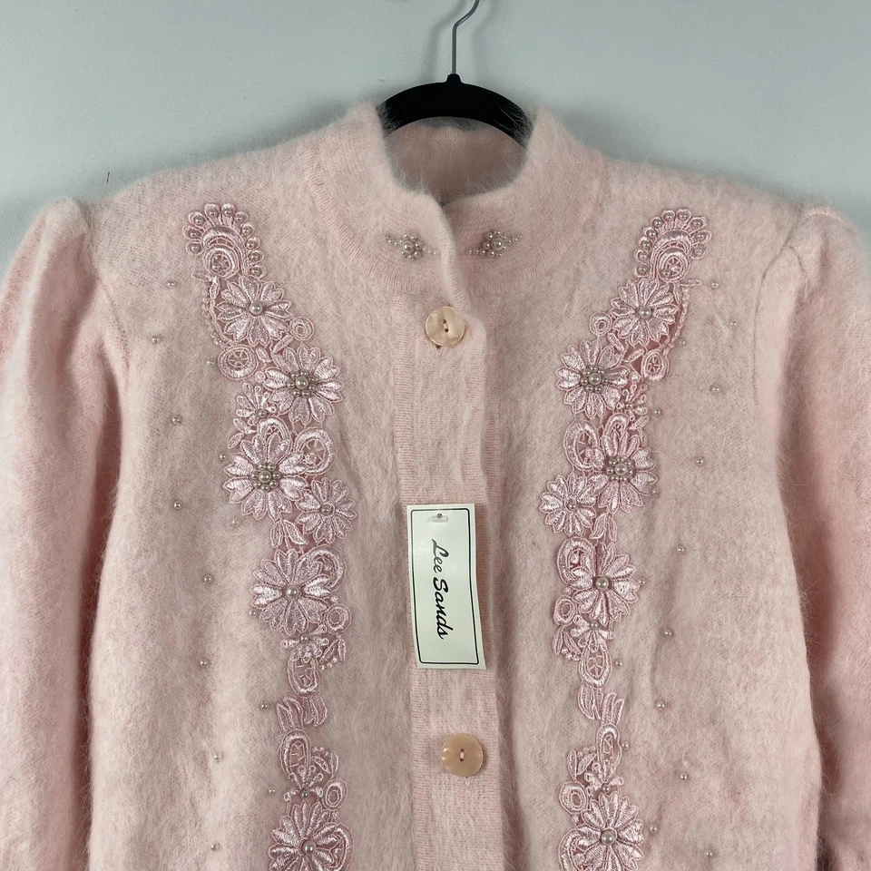 Suéter Lee Sands Talla Única Missy Rosa Angora Pelo de Conejo Cárdigan Manga Abullonada Foto 2 de 4