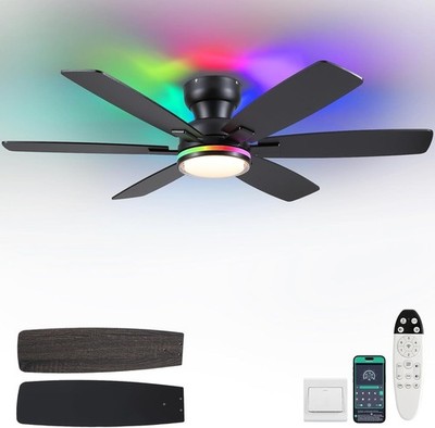 52'' Deckenventilatoren mit RGB-Beleuchtung, flacher Deckenventilator mit Fernbedienung/APP-Steuerung