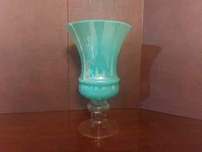Vintage Hand-blown Art Glass Gre/Blu Opaline & Clear Stand. 13.25" Tall Excel Co