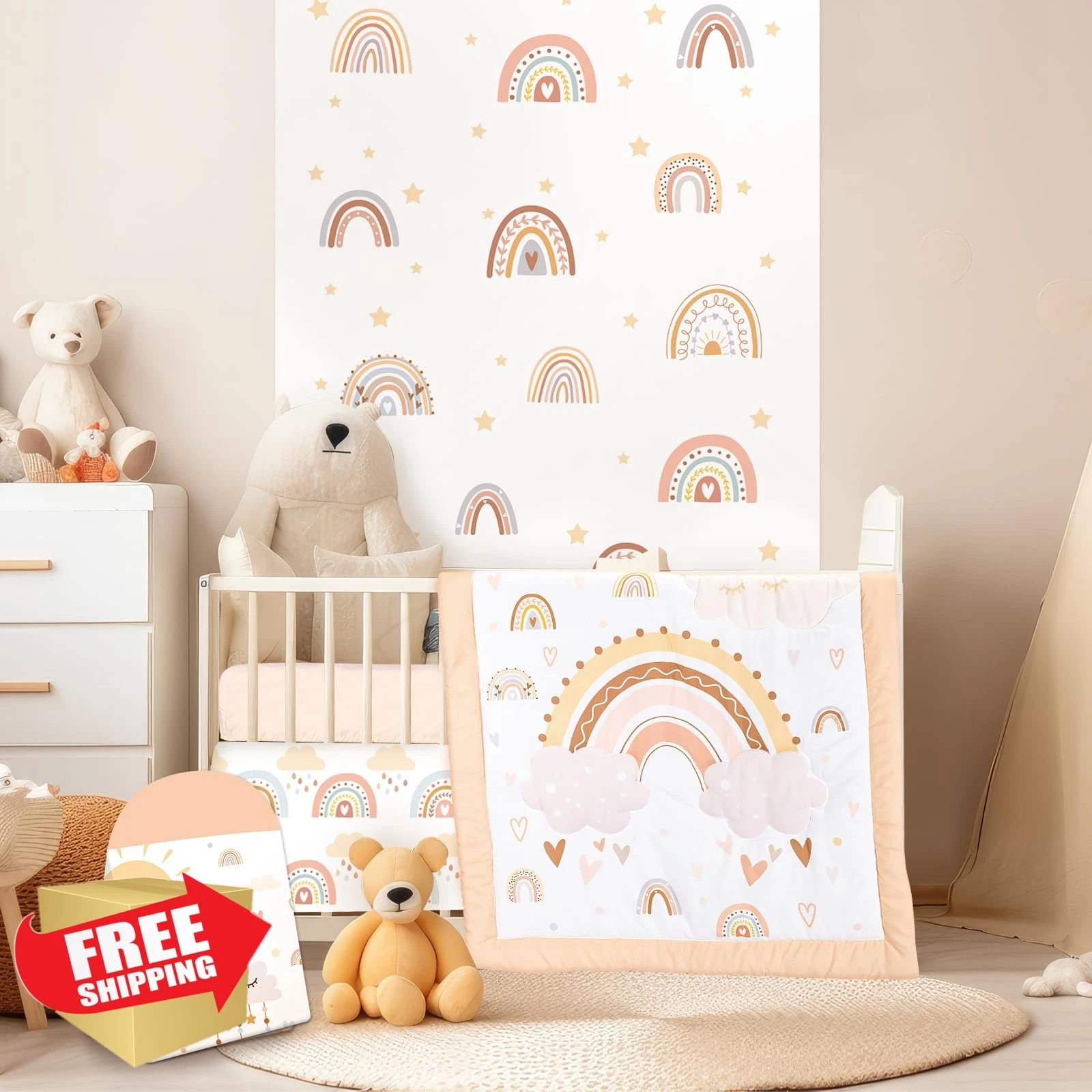 Hahafelt 4pc Baby Crib Bedding Bohemian Rainbow Set