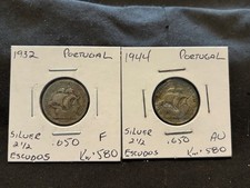 PORTUGAL 1932 & 1944 SILVER .650 2 COIN ESCUDOS F / AU LOT D62