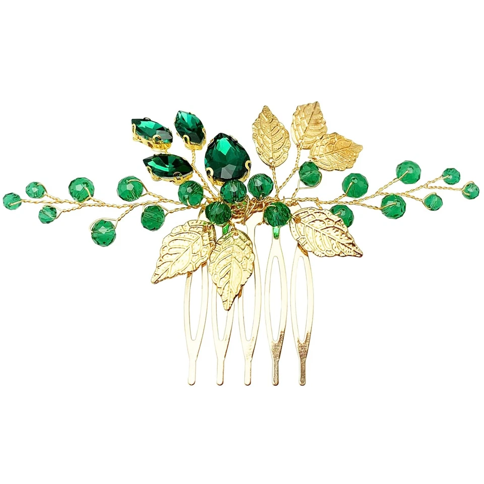 BETITETO Bridal Hair Comb Emerald Green Crystal Gold Leaf Vine Hair Piece Access - Image 3 of 4