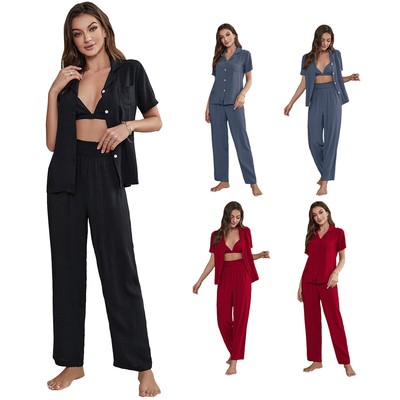 home wear Dreiteiliges Set Frühling/Herbst Damen Kurzarm Strickjacke