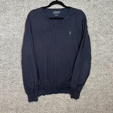 Polo Ralph Lauren Sweater Mens Large Blue Vneck Pullover Long Sleeve Stretch