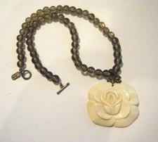 16" Suzanne Kalan 925 Necklace Carved Rose Flower Pendant & Beaded Smokey Quartz