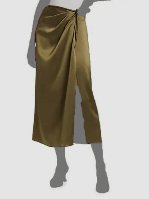 $545 Nanushka Women's Olive Green Lea Satin Skirt Size Medium