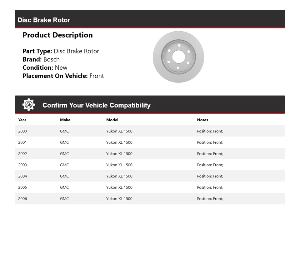 Rotor de freno de disco delantero para GMC Yukon XL 1500 2000-2006 Bosch QuietCast 2001 2002 Foto 2 de 4