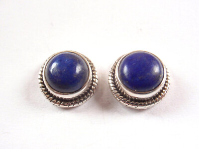 Lapis Lazuli 925 Sterling Silver Round Stud Earrings with Rope Style Accents