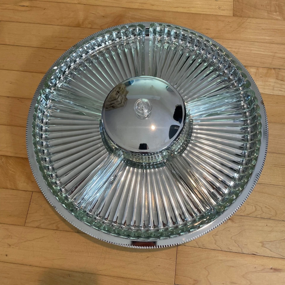 Vintage Royal Chrome Mid Century Chrome Stainless And Glass Lazy Susan 8 Pcs 15" - Image 2 of 4