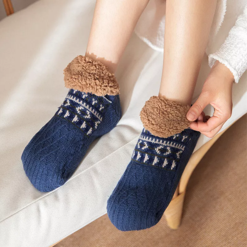 Men Lady Fleece Lined Slipper Ankle Socks Grippers Non Slip