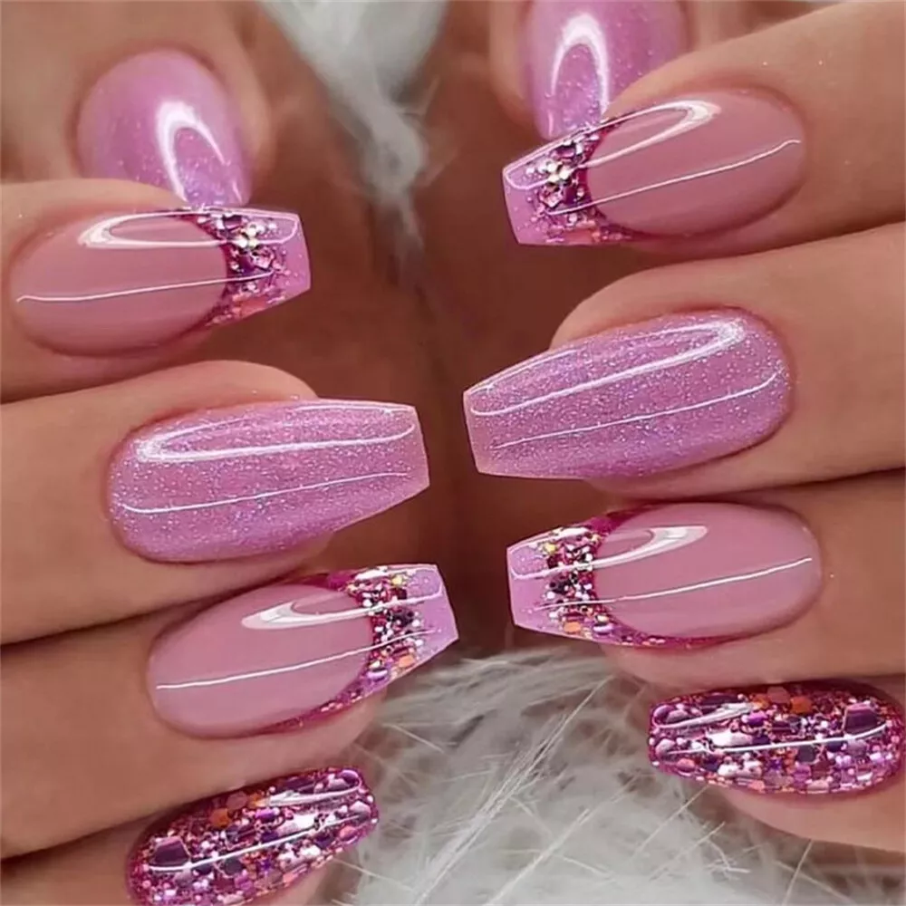 Coffin Short False Nail Glitter Pink French Press on Nails for