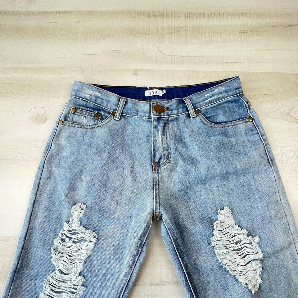 Pantalones de mezclilla recortados Tobi para mujer 25 desgastados 29 pulgadas cintura lavado claro rasgado Foto 2 de 4