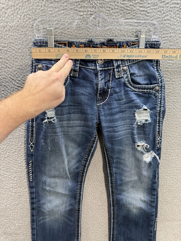 Pantalones de mezclilla Rock Revival para hombre 28x28 azul Rhays bota desgastados punto grueso Rockabilly Foto 3 de 4