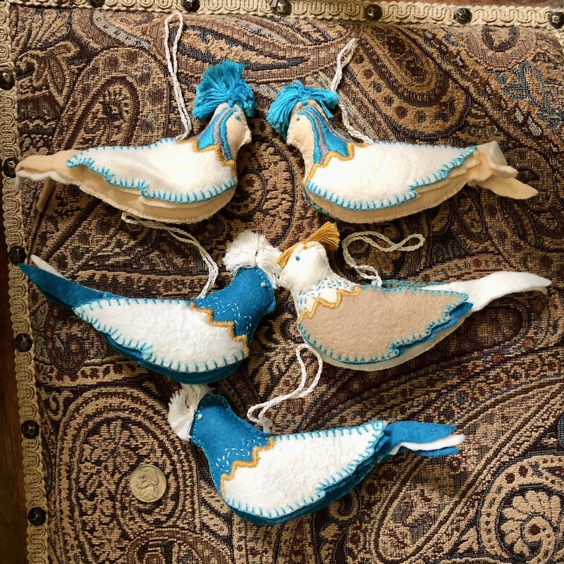 5 Vintage Handmade Embroidered Felt Bird Ornaments Scandinavian Style