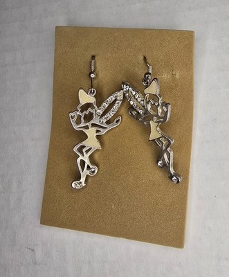Vintage Fairy Pixie Dangle Earrings Silver Tone Rhinestone Enamel