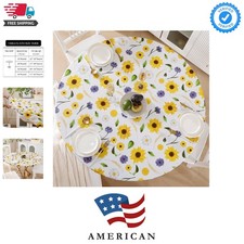 Round Vinyl Fitted Tablecloth with Flannel Backing Elastic Edge Design Table ...