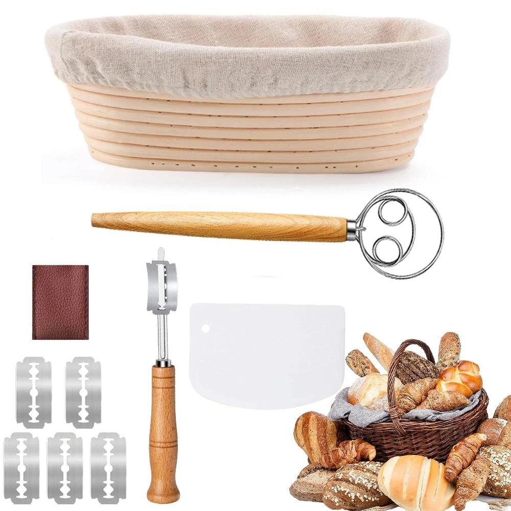 10" Oval Banneton Bread Proofing Basket Set with Lame & Whisk ketchen Tools