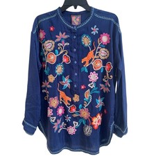 Johnny Was Embroidered Zinnia Tunic Blouse Long Slv Blue Sz S Boho Beaded Floral