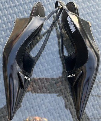 Prada Women Black Leather Logo Slingback Pump Heels Shoes Size EU