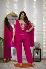 Women's Fuchsia Pink Kaftan Cape Top and Trouser Co-ord Set with Embroidered