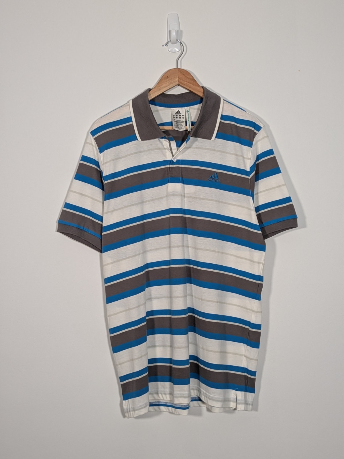 Adidas Large Blue White Striped Short Sleeve Cotton Polo Shirt