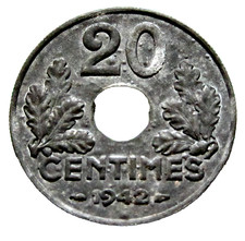 FRANCE VICHY FRENCH STATE 1942 20 CENTIMES, WWII COINAGE, ZINC Better Grade