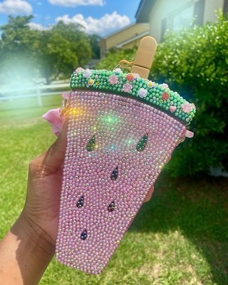 Watermelon Fairy Bloom   Rhinestone Water Bottle    Handmade Pink